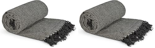 Emma Barclay Herringbone - Recycled Cotton Patterned Chair Sofa Setee Bed Throw Over Blanket in Black - 50x60 (127x152cm) (Pack of 2)