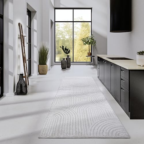 Elle Decor ation High Pile Rug Chappe - Modern Living Room Rug Runner, Long Pile Shaggy, Modern Pattern, Fluffy Soft Boho for Living Room, Bedroom - Cream White, 80 x 240 cm