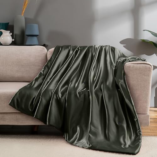 Vonty Satin Throw, Dark Grey Satin Blanket 90x90 Inches, Cooling & Silky, Wrinkle-Free Cable Knit, Big Size for Couch, Sofa, Bed, Outdoor
