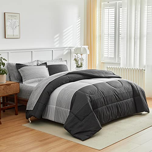 Flysheep Ombre Striped Bedding Bed in a Bag 7 Pieces Queen Size, Grey and White Stripes Comforter Sheet Set (1 Comforter, 1 Flat Sheet, 1 Fitted Sheet, 2 Pillow Shams, 2 Pillowcases)