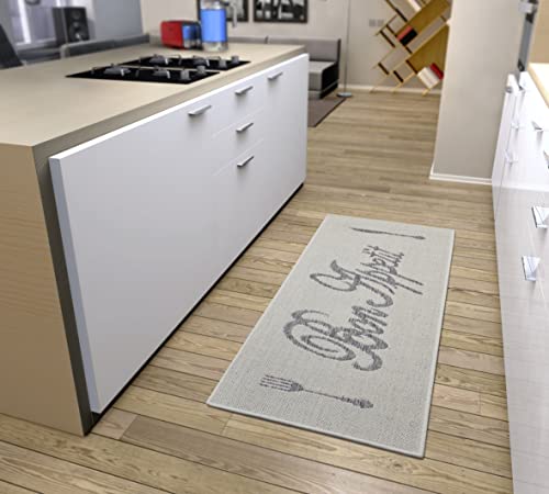 Hanse Home Bon Appetit 3 Runner Rug - Kitchen Rug with Lettering, Non-Slip, Easy Care, Robust, Oeko-Tex Certified - Cream Grey, 62 x 150 cm