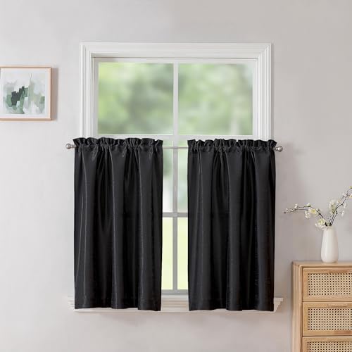 Chyhomenyc Uptown Black Tier Curtains 24 Inch Length 2 Panels, Faux Silk Room Darkening Privacy Short Curtains for Small Window Farmhouse Bedroom Bathroom, Each 30x24 Inch