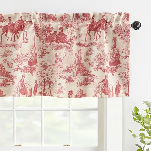 DriftAway Toile Linen Lined Valance Double Layer Thermal Room Darkening Blackout Window Valance Curtain for Kitchen Bathroom Farmhouse French Country Vintage Printed Pattern Single 52 x 18 Inch Red