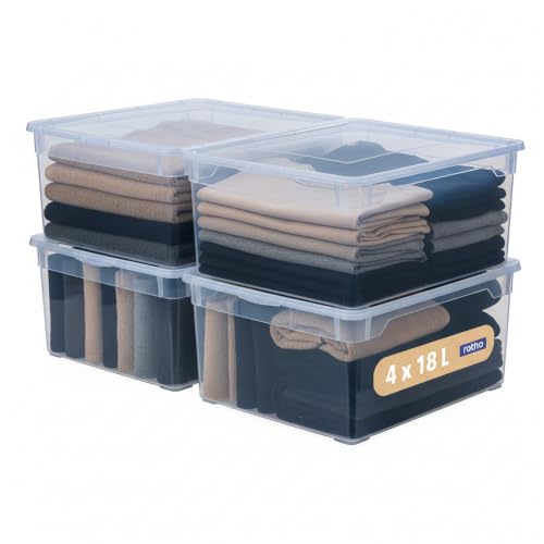 Rotho Clear Storage Boxes with Lids 18 L Set of 4 Stackable Clear Blue - Stackable storage boxes, secure-closing lids, transparent blue, four 18 L boxes for folded clothes, easy-care organisation