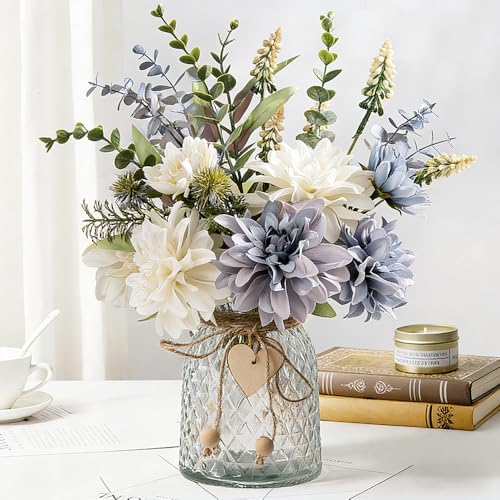 JARELING Silk Flowers with Vase, Artificial Flowers Arrangement with Glass Vase Faux Rose for Decoration Table Centerpiece (Dalia)