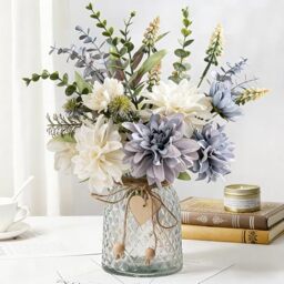 JARELING Silk Flowers with Vase, Artificial Flowers Arrangement with Glass Vase Faux Rose for Decoration Table Centerpiece (Dalia)