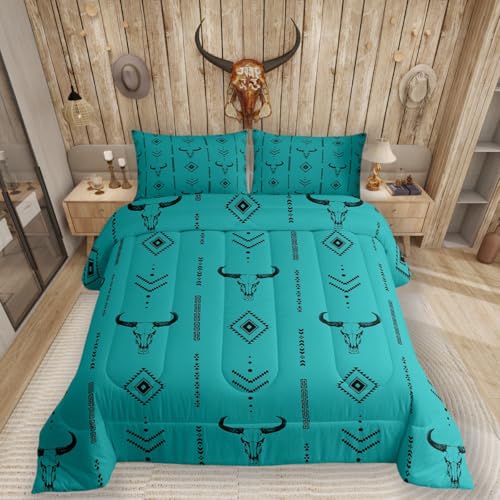 Erosebridal Turquoise Western Queen Size Comforter Set,Southwestern Aztec Cow Skull Bedding Set for Adults Women Men Cowboy Geometric Abstract Arrow Quilt,Boho Native Down Comforter,Teal