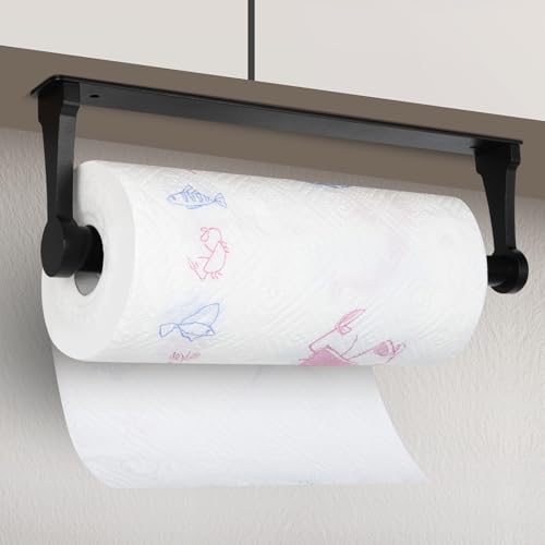 Cozary Kitchen Roll Holder, No Drilling, Kitchen Roll Holder with Screws, Aluminium Alloy Toilet Paper Holder, Wall Mounted, for Kitchen, Bathroom, Cabinet & Office, for Gluing or Drilling, Black