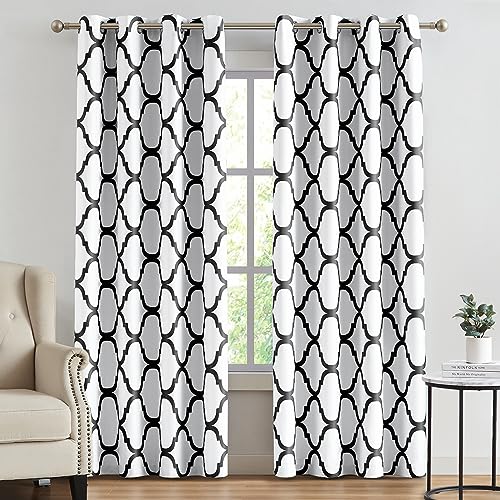 Melodieux Moroccan Printed Grommet Top Room Darkening Blackout Curtains for Living Room, Bedroom, 52x96 Inch, Off White/Black (2 Panel)