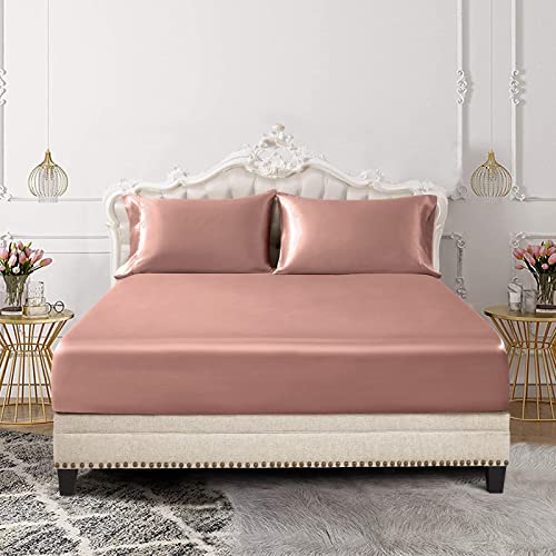 SiinvdaBZX 3-Piece Set Satin Queen Fitted Sheet & 2 Pillowcase, Champagne - Silky Soft Fitted Bottom Sheet, Deep Pocket Sheet Design Fits 15 Inch Mattress, Wrinkle Free, Fade Resistant