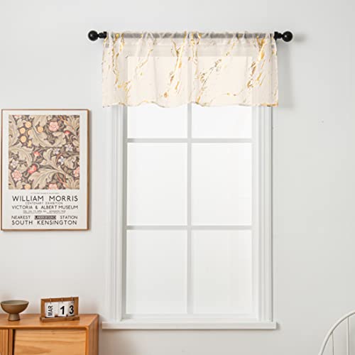 "Sutuo Home Marble Ivory Sheer Valance Curtains 18 Inch Length 1 Panel, Gold Foil Print Metallic Bronzing, Privacy Window Treatment Decor Abstract Short Drape Pair for Kitchen 52"" W x 18"" L"