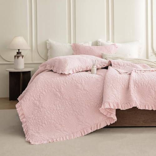 "QSH 3PCs Stonewashed Cotton Quilt King (110""x98""), Blush Ruffled Quilt King Size Bedding Set,Ultra Lightweight Soft Crinkled Bedspread Coverlet King Shabby Farmhouse Chic Bedding for All Seasons"
