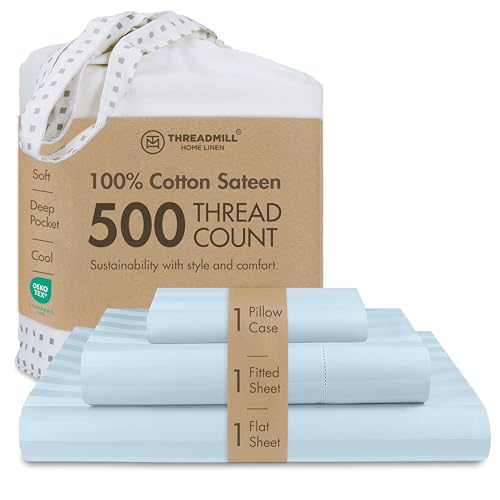 Threadmill 500 Thread Count Single Bed Sheets, Twin Size Damask Stripe, 3 Piece Cotton Bedding Set, Breathable Light Blue with 15'' Elasticized Deep Pocket, 1 Pillowcase & Free Tote Bag