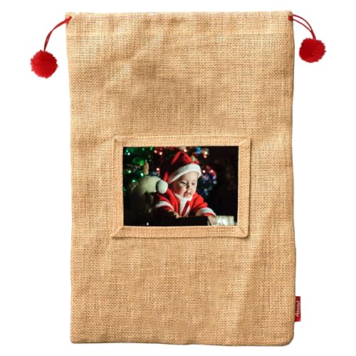Adventa Christmas Santa Sack Personalised Gifts with 4x6 Photo Insert Plain for Kids or Christmas Stocking Display in your Home (Medium)