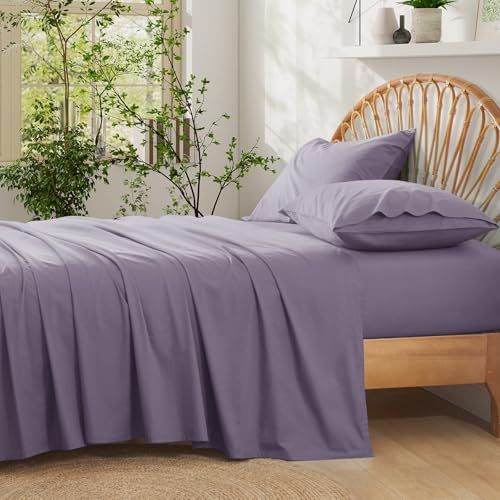 "Entisn Pure Cotton Sheets Queen 4-Pc Set, 400TC, 16"" Pocket, Lavender - Breathable Year-Round Comfort, Snug Fit with Full Elastic, Machine Washable for Easy Care, Soft Feel Gentle on Skin"