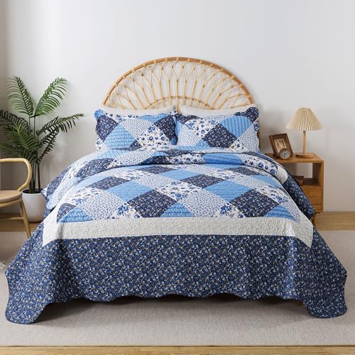 HoneiLife Quilt Set King Size - 3 Piece Microfiber Quilts Reversible Bedspreads Patchwork Coverlets Floral Bedding Set All Season Quilts with Blue and White Porcelain Pattern