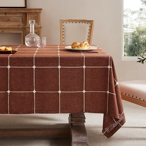 ZeeMart Grid Embroidered Rectangle Tablecloths 60x104in, Hem/Terracota - Heavy Weight Non-sheer Linen Fabric, Mitered Corner Finish, Water Resistant Farmhouse Table Cover, Boho Plaid Home Decor
