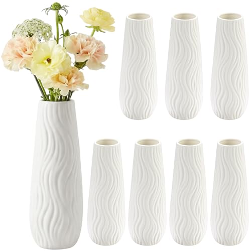Qinyoung White Ceramic Bud Vase Set of 8, 8'' Small White Flower Vase for Centerpieces Floral Decor for Wedding Party Dining Table Home Decoration (Modern)