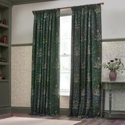 Morris&Co Acorn Pencil Pleat Curtain Pair – Lined Jacquard Chenille with Botanical Floral Heritage Design (Thyme/Forest - 168x229cm)