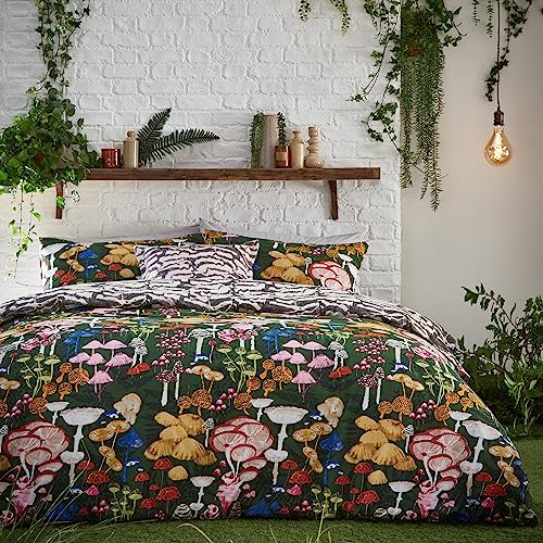 furn. Amanita Duvet Cover Set – Hand-Painted Printed Colourful Mushroom Reversible Bedding (Forest Green – King)