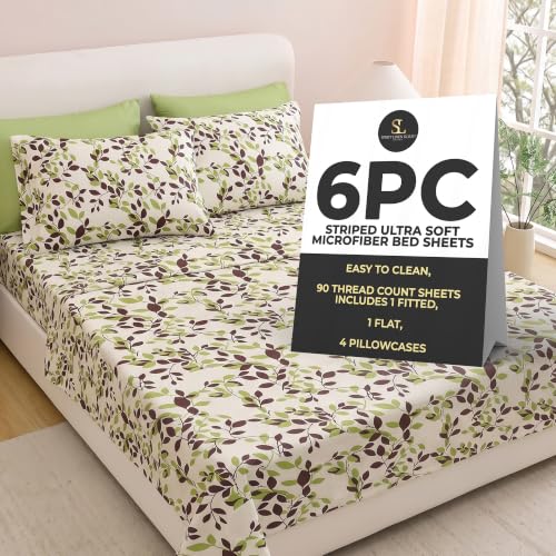 Spirit Linen Home 6-Piece Elegant Bed Sheet Set - Queen, Beige/Green Leaves - Deep Pocket Soft and Breathable Microfiber Material Bed Sheets with 1 Fitted Sheet, 1 Flat Sheet, and 4 Pillowcases included
