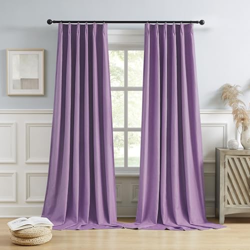 DUALIFE Pinch Pleated Blackout Curtains Purple 2 Panels,Back Tab Ceiling Viral Pleat Hooks Curtain for Track System,Thermal Insulated Drapes for Bedroom Living Room Dining Room,40 Wide x 102 Long