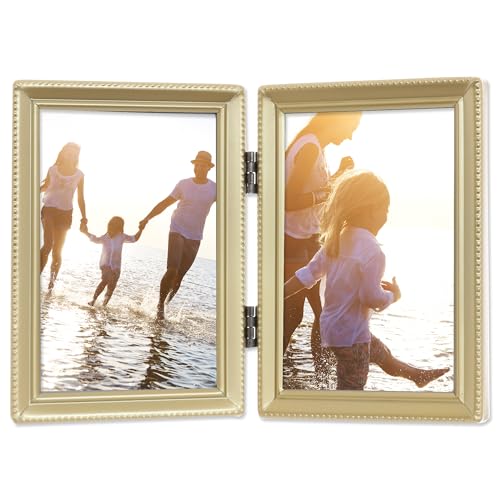 Lawrence 11435D Antique Gold Bead 3.5x5 Hinged Double Picture Frame