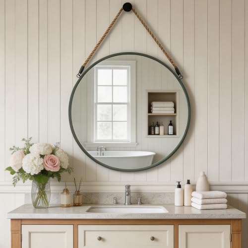 POZINO 24 Inch Round Mirror with Grey Metal Frame, Hanging Mirror for Wall - Rustproof Grey Metal Frame, HD Glass, Farmhouse Decorative Wall Mirror for Entryway Living Room Fireplace Bathroom Bedroom