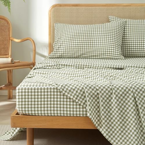 "HighBuy King Size Sheet Set 100% Washed Cotton Gingham Bedding Sheets,Cooling & Breathable Sage Green Plaid Design,Comfortable Feel,16"" Deep Pocket,4-Piece Sheets Set,Farmhouse Grid Sheets"