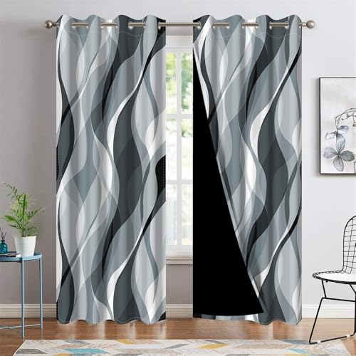 DORCEV Blue Grey Wave Lines Window Curtains Abstract Art Aesthetic Gradient Blackout Curtains Geometric Thermal Insulated Room Darkening Window Drape Treatments Kitchen Curtains,42x84 inch,2 Panels