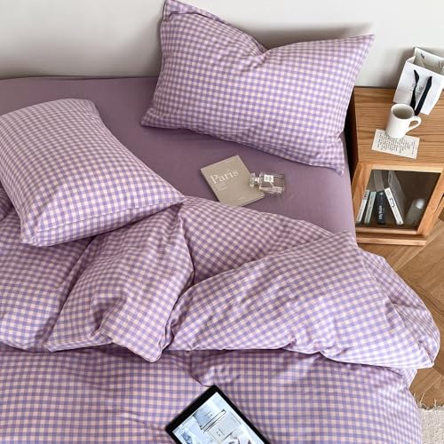 mixinni Purple Gingham Comforter Set Twin XL, Plaid Comforter Set 3 Pieces 1 Beige Grid Comfoter with 2 Pillow Cases for All Seasons, Soft Fluffy Modern Grid Pattern Printed Bedding-Twin XL Size