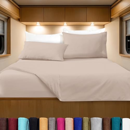 Elegant Comfort Luxurious 1500 Premium Hotel Quality Microfiber Three Line Embroidered Softest 4-Piece Bed Sheet Set, Wrinkle and Fade Resistant, RV Short Queen, Cream