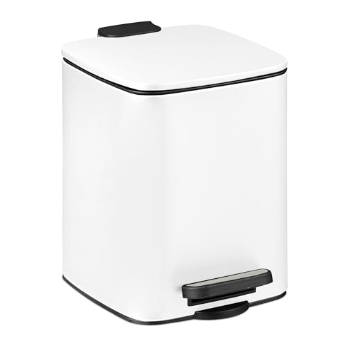 Relaxdays Bathroom Waste Bin, 6 Litre, Soft-Close Cosmetics Trash Can, Matt Finish, Removable Inner Bin, Pedal, White