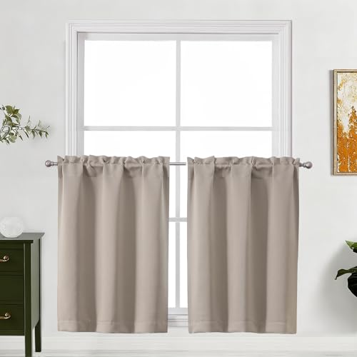 "Lecloud Stone Kitchen Curtains 30 Inch Length 2 Pcs, Privacy Modern Room Darkening Short Curtains, Thermal Insulated Drapes with Rod Pockets for Cafe Laundry Room Bedroom, Each Panel 30"" W x 30"" L"