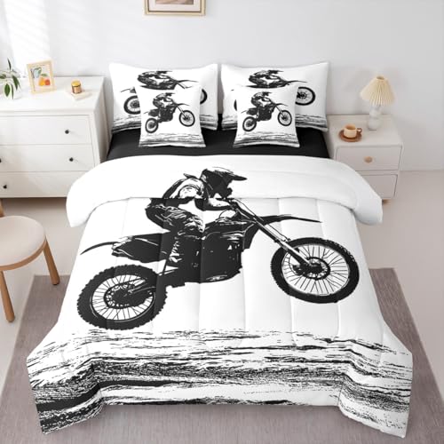 Erosebridal Dirt Bike Full Comforter Set Motocross Rider 7 Pieces Bedding Racer Extreme Sports Game Bed Set with Sheets Racing Motorcycle Bed in A Bag Bedroom Decor