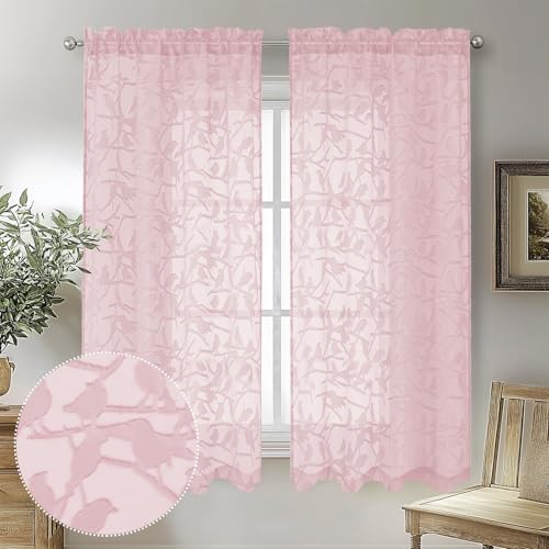 OVZME Anji Blush Textured Sheer Curtains 54 Inches Long, Elegant Short Curtains for Dining Room for Living Room, Double Rod Pocket, Set of 2, W38 x L54