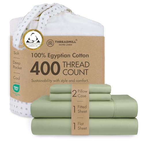 Threadmill Home Linen 400 Thread Count Bedding Collection 100% ELS Cotton Solid Sateen Sheet Set, Luxury Bedding, 4 Piece Set, Bed Sheets, Smooth Sateen Weave, King, Sage