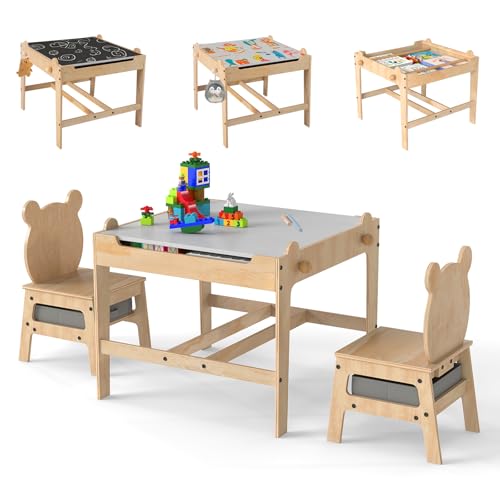 GYMAX Kids Table and Chairs Set, 4 in 1 Children Activity Desk with Reversible Tabletop, Hidden Storage Space and Drawers, Wooden Toddler Table Set for 3+ Years Old (Natural+Grey, 60 x 60 x 52 cm)