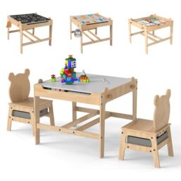 GYMAX Kids Table and Chairs Set, 4 in 1 Children Activity Desk with Reversible Tabletop, Hidden Storage Space and Drawers, Wooden Toddler Table Set for 3+ Years Old (Natural+Grey, 60 x 60 x 52 cm)