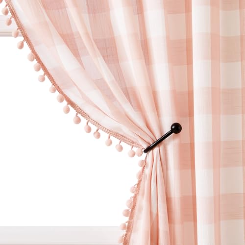 "Treatmentex Blush Pink Buffalo Plaid Curtains 63"" Length Pom Pom Window Curtains for Girl's Bedroom Rustic Farmhouse Gingham Check Pattern Semi Sheer Window Drapes, Rod Pocket 42""x63"", 2 pcs"