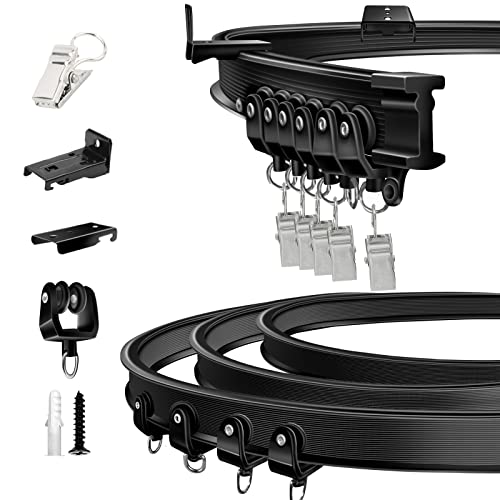 TOKPLNU Ceiling Curtain Track, Flexible Bendable Curtain Track Ceiling Wall Mount Curved Curtain Rail 16Ft Black Heavy Duty Ceiling Track System for Room Divider Bay Window