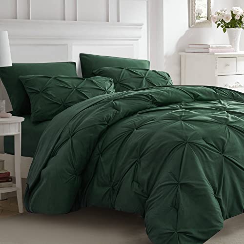 Ubauba 7pc King Size Comforter Set with Sheets Dark Green, Emerald 7 Pieces Pinch Pleat Bed in a Bag, All Season Hunter Green Beddings Set with Comforters (Green,King)