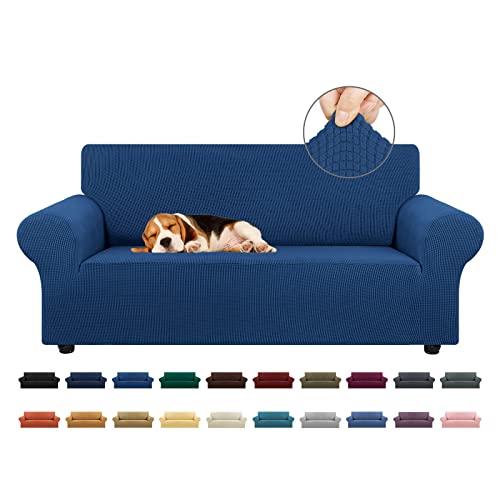 "KEKUOU Stretch Loveseat Sofa Cover Slipcover,Couch Covers for 2 Cushion Couch Sofa (55""-79"") Furniture Protector Sofa with Elastic Bottom for Kids,Dog. Jacquard Small Checked (Medium,Classic Blue)"
