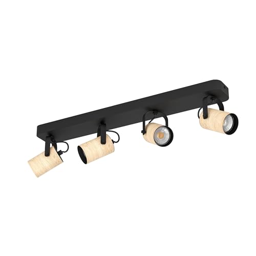 Eglo LED Spotlight bar Cayuca, Ceiling Light Fitting with 4 Adjustable spot Lights, Living Room lamp Made of Natural Wood and Black Metal, Track Lighting, Warm White