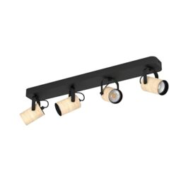 Eglo LED Spotlight bar Cayuca, Ceiling Light Fitting with 4 Adjustable spot Lights, Living Room lamp Made of Natural Wood and Black Metal, Track Lighting, Warm White