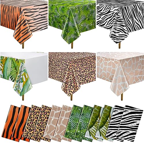 Grehge mal Safari Tablecloth Jungle Animal Zoo Theme Party Table Cloth Leopard Tiger Zebra Giraffe Palm Leaf Print Table Cover for Jungle Safari Birthday Baby Shower Party Decorations (Six Styles)