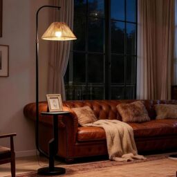 LuminexDesigns Rattan Floor Lamp with Shelf, Boho E27 Standing Lamp with Woven Lampshade, 3 Colour Temperatures by Foot Switch, H175 cm for Living Room Bedroom Corner
