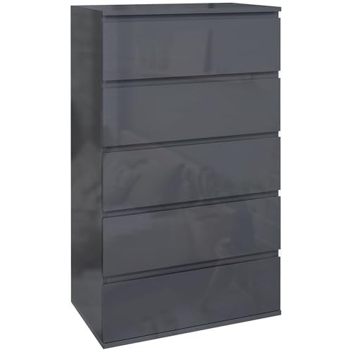 HOMCOM High Gloss Chest of Drawers, 5 Drawers Storage Cabinet Floor Tower Cupboard for Bedroom Living Room, Grey