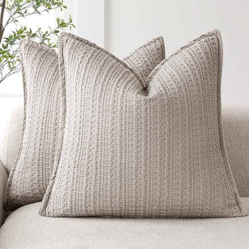 Foindtower Set of 2 Decorative Cotton Waffle Weave Throw Pillow Covers Euro Shams Cushion Covers Accent European Pillowcase for Bed Couch Sofa Bedroom Living Room Home Decor 18??18 Inch Tan Beige