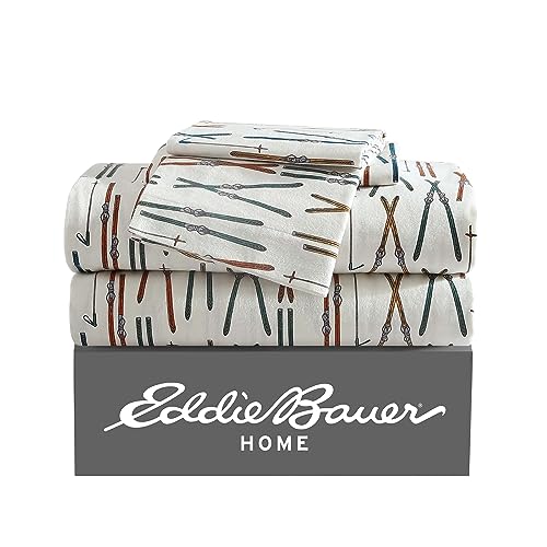 Eddie Bauer - Queen Sheets, Cotton Flannel Bedding Set, Brushed for Extra Softness, Cozy Home Decor (Ski Line White, Queen)
